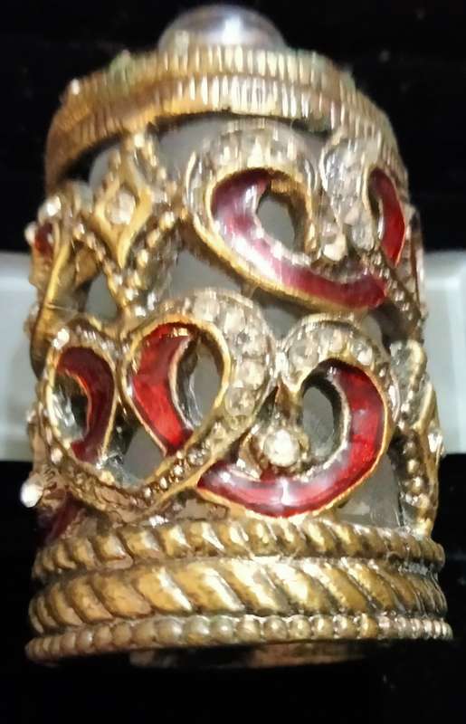 Bohemian PERFUME bottle HEARTS Red Enameled+Crystals+Stoper finial faceted Crystal + metal dauber