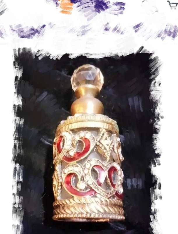 Bohemian PERFUME bottle HEARTS Red Enameled+Crystals+Stoper finial faceted Crystal + metal dauber