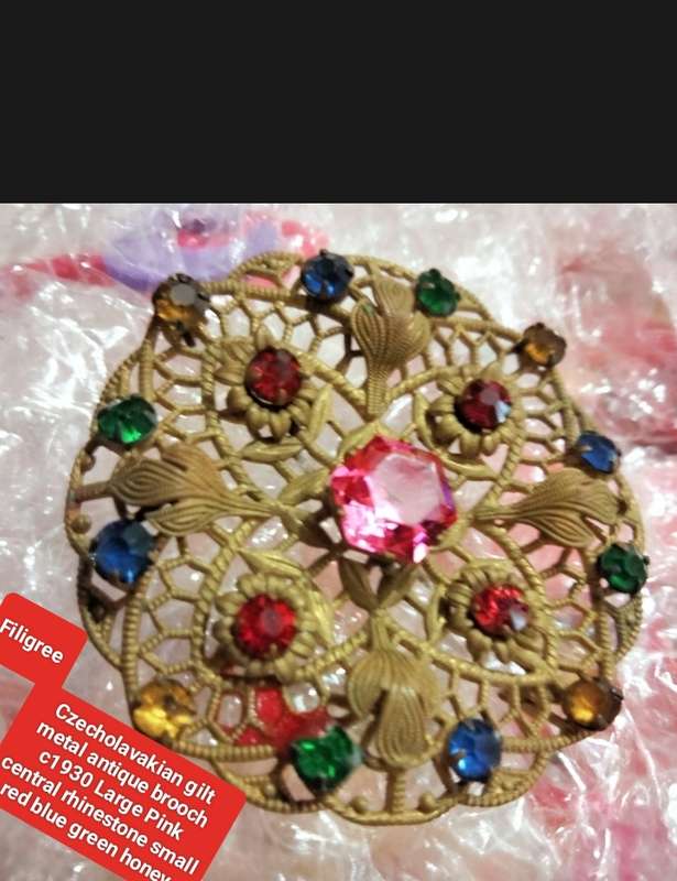 Brooch - Czechoslavakian Filigree gilt metal Rhinestones Pink central smaller green blue red amber