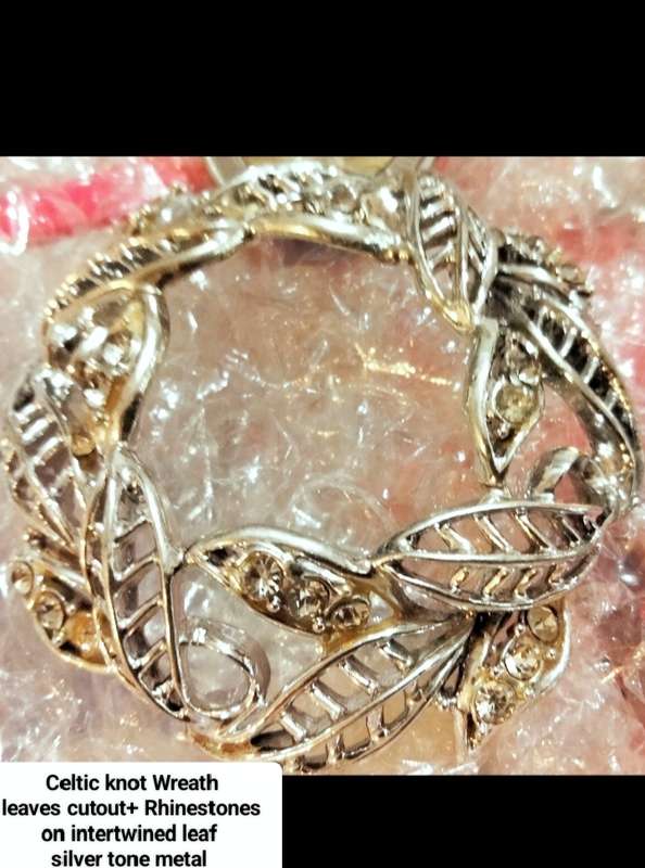 Necklace WREATH Celtic knot  Circle  leaves cut out+Rhinestones ADDED  modern belcher chain