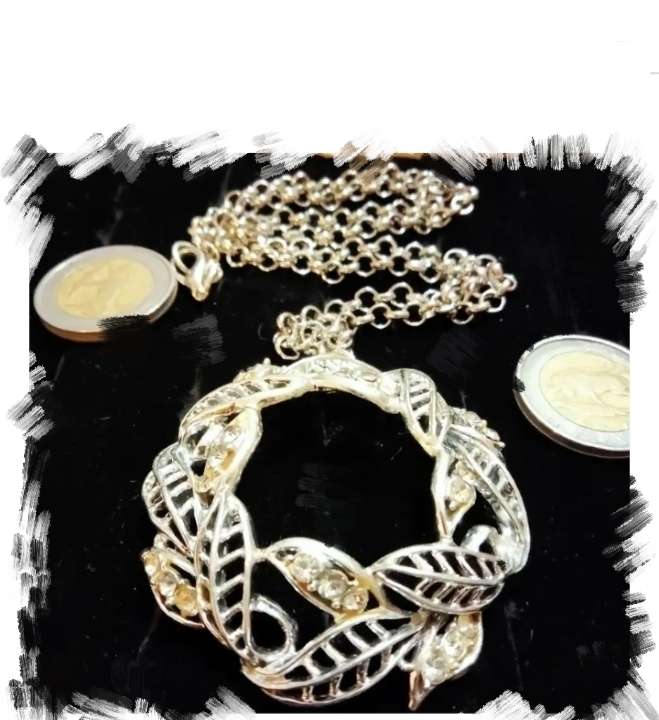Necklace WREATH Celtic knot  Circle  leaves cut out+Rhinestones ADDED  modern belcher chain