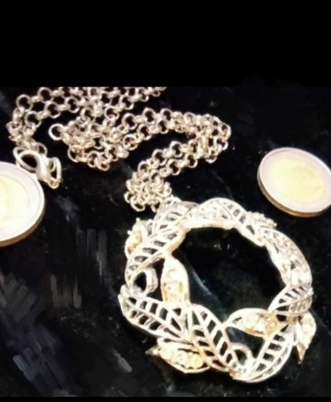 Necklace WREATH Celtic knot  Circle  leaves cut out+Rhinestones ADDED  modern belcher chain