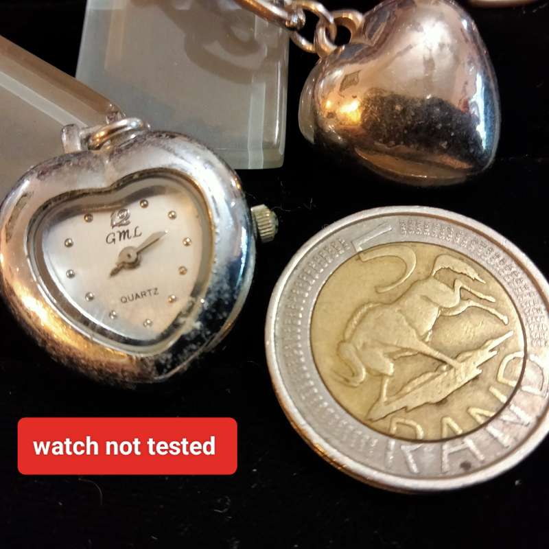 Necklace -vintage puff heart Pendant big links Chain+to add on 1 heart shape watch not tested S/S