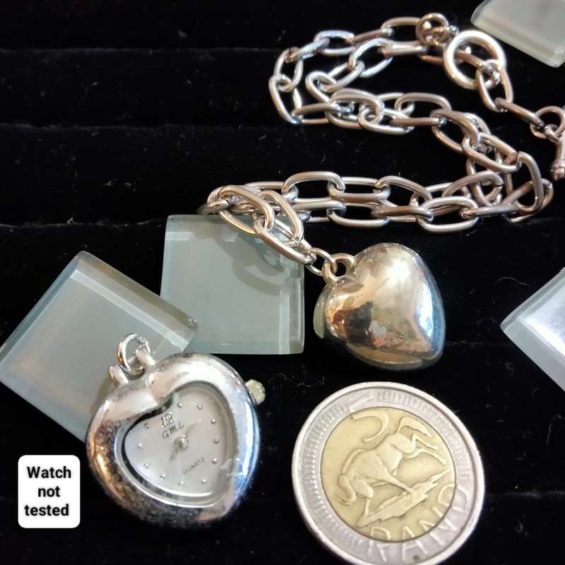 Necklace -vintage puff heart Pendant big links Chain+to add on 1 heart shape watch not tested S/S