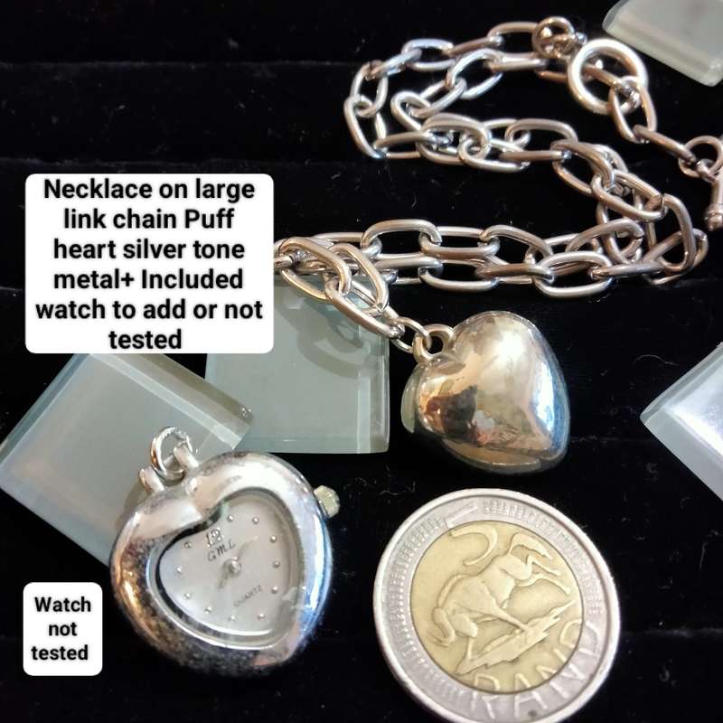 Necklace -vintage puff heart Pendant big links Chain+to add on 1 heart shape watch not tested S/S