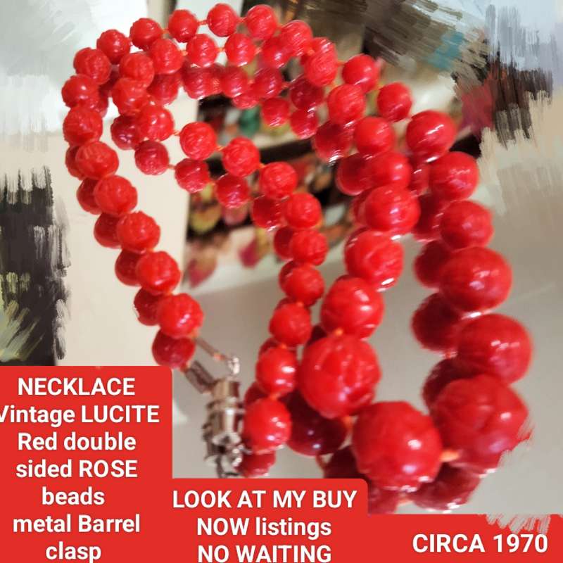 Necklace Vintage LUCITE Red Rose on each side of bead barrel clasp