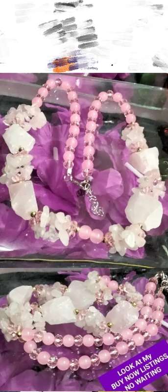 Necklace-Rose Quartz 4 DRUZY +6 drops Chips Pink faceted Cut glass Crystals