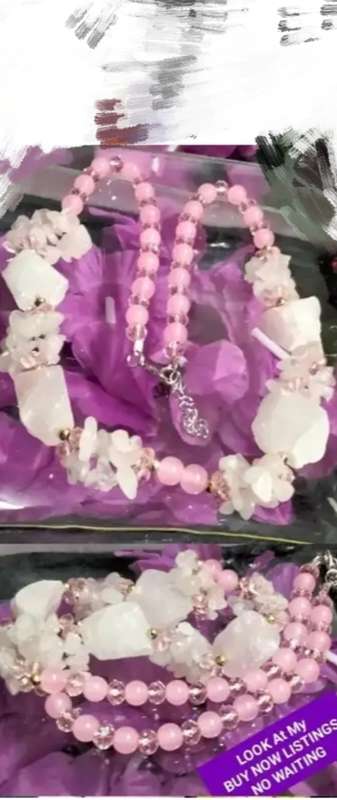 Necklace-Rose Quartz 4 DRUZY +6 drops Chips Pink faceted Cut glass Crystals