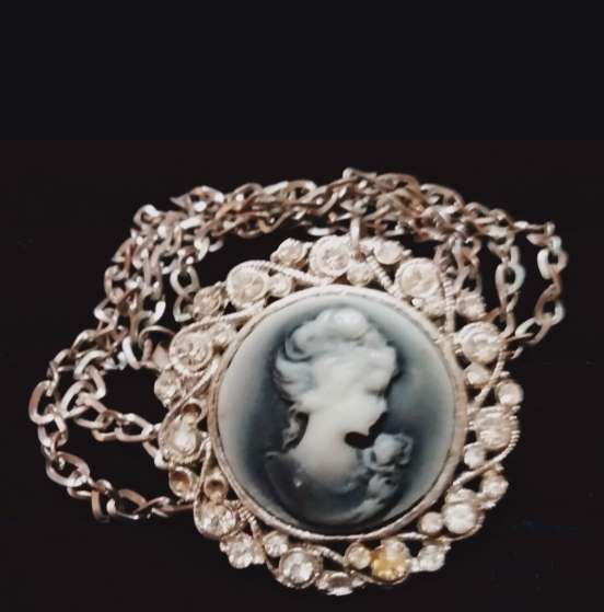 Necklace -Vtg West Germany Cameo Pendant Crystals composite + Silver tone chain