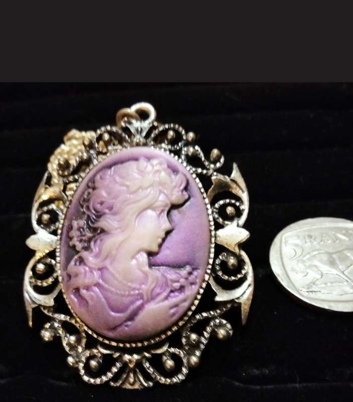 Necklace - Cameo Pendant composite West Germany + Silver tone metal chain