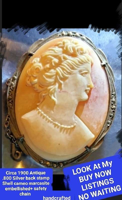 1900s Cameo Brooch .800 SILVER+safety chain+marcasite LOOK at my BUY NOW LISTINGS NO WAITING