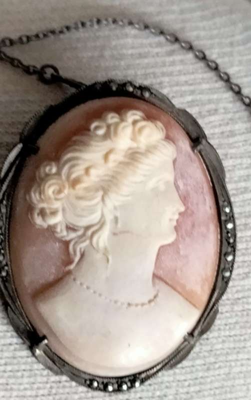 1900s Cameo Brooch .800 SILVER+safety chain+marcasite LOOK at my BUY NOW LISTINGS NO WAITING