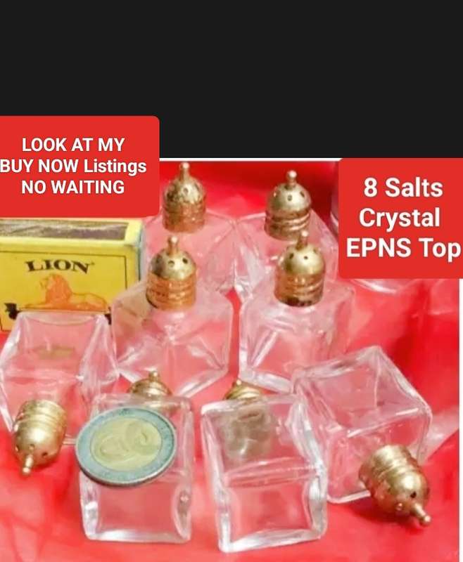 SALTS - set 8 GOLD EPNS Lids + Crystal glass body`s