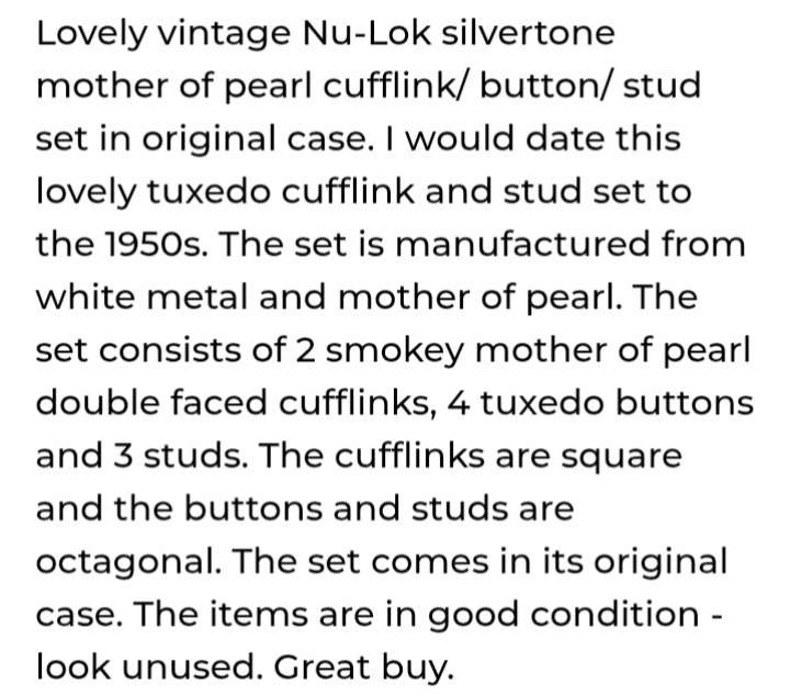 Boxed 1950s NU-LOK TUXEDO SET MOP 2 CUFF LINKS 4 TUXEDO BUTTONS 3 STUDS