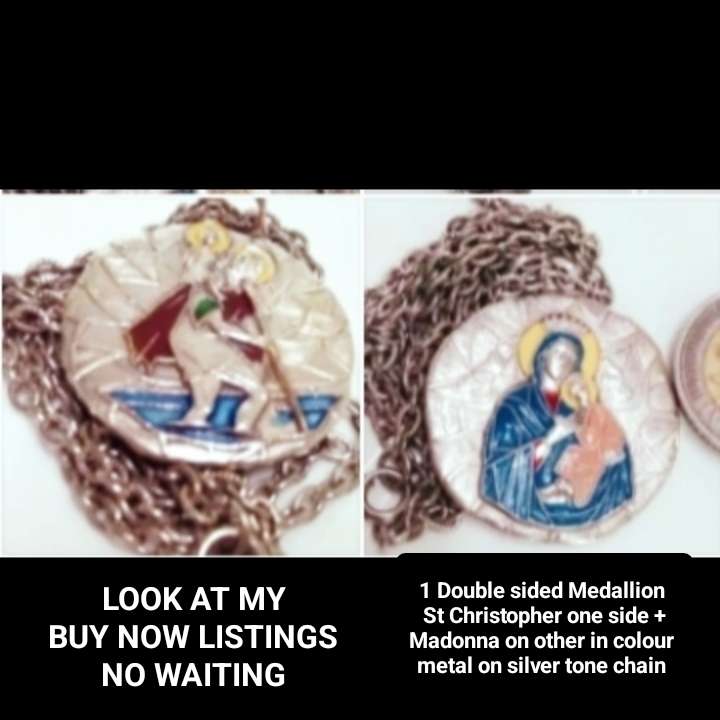 Medallion double sided Madonna+Saint Christopher Embossed + chain LOOK At My BUY NOW - NO WAITING