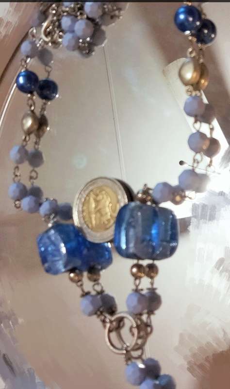 NECKLACE Italian glass foil lampwork 2 Big Blue+Synthetic+earrings LOOK at my BUY NOW - NO WAITING