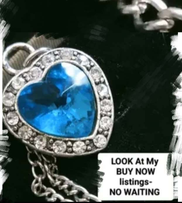 Necklace -Heart Blue simulated Topaz+Crystals+marcasite + Silver tone chain - anomaly LOOK