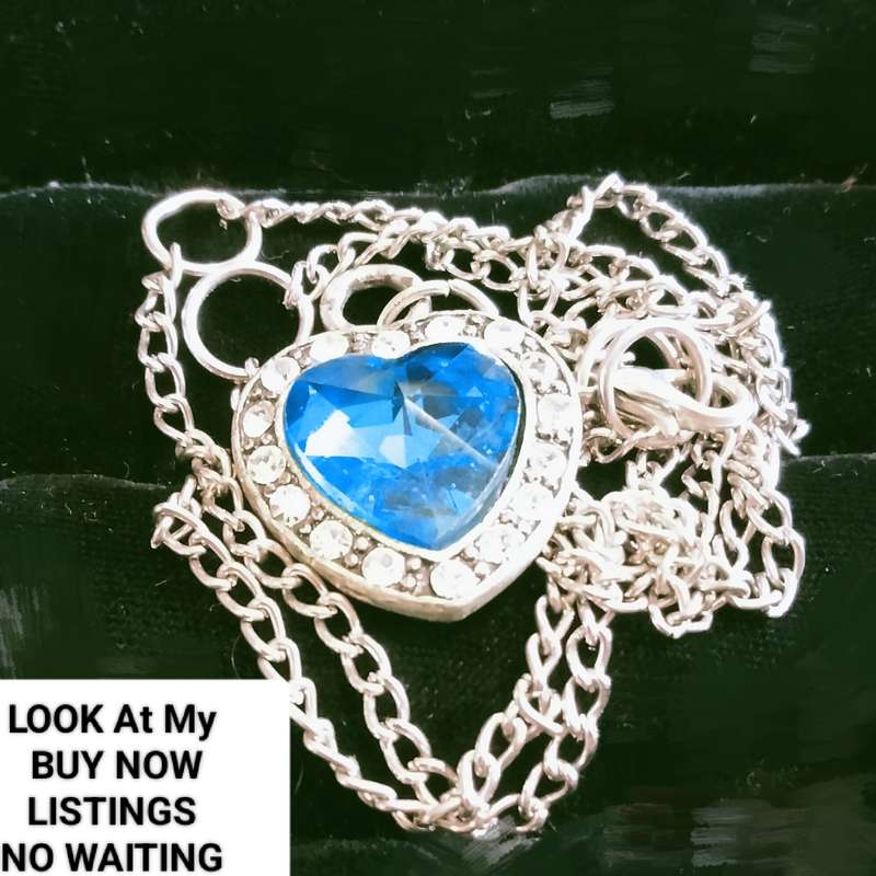 Necklace -Heart Blue simulated Topaz+Crystals+marcasite + Silver tone chain - anomaly LOOK