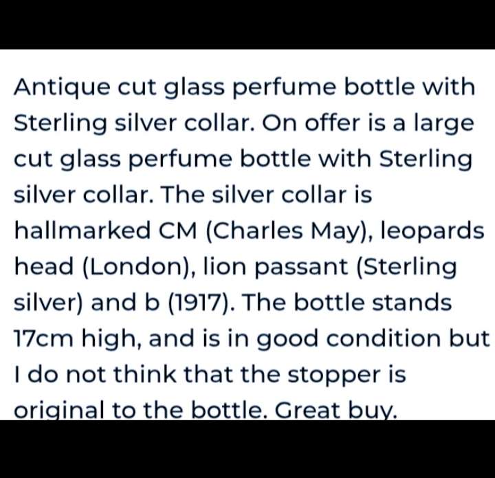 Antique 1917 Sterling Silver collar cut glass Perfume bottle +crystal stopper