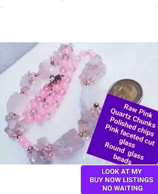 Necklace-Rose Quartz 4 DRUZY +6 drops Chips Pink faceted Cut glass Crystals
