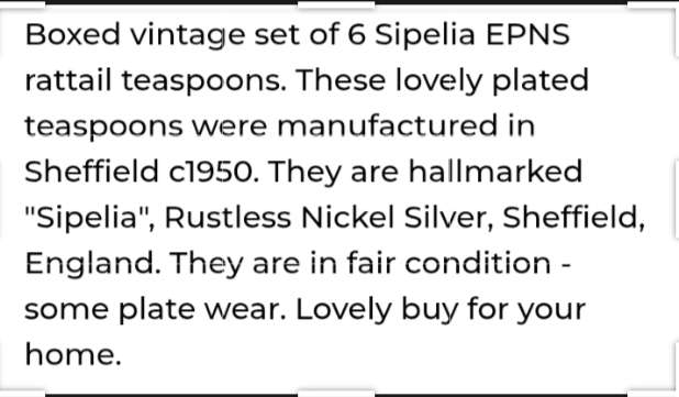 Boxed  6 Sipelia EPNS Rattail Teaspoons EnglandLOOK At My BUY NOW LISTINGS NO WAITING