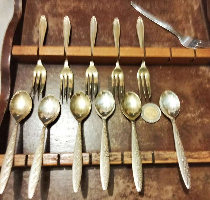 14 Items-6 Tspoons-5 Cake Forks-1 fork-1 COPPER Sugar bowl  blue Coal Scuttle Wood cake fork stand