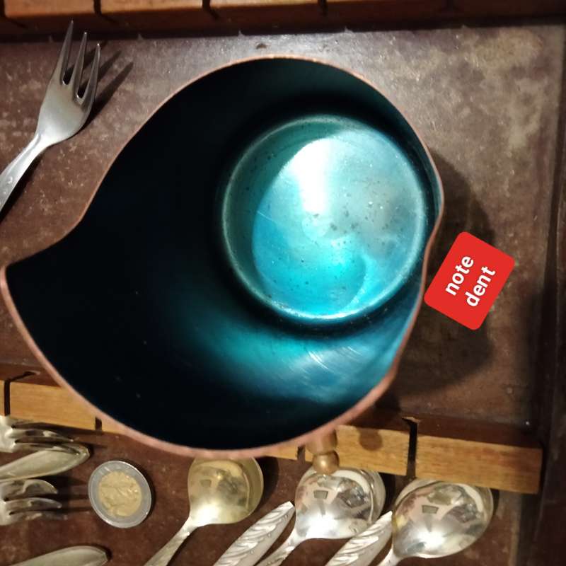 14 Items-6 Tspoons-5 Cake Forks-1 fork-1 COPPER Sugar bowl  blue Coal Scuttle Wood cake fork stand