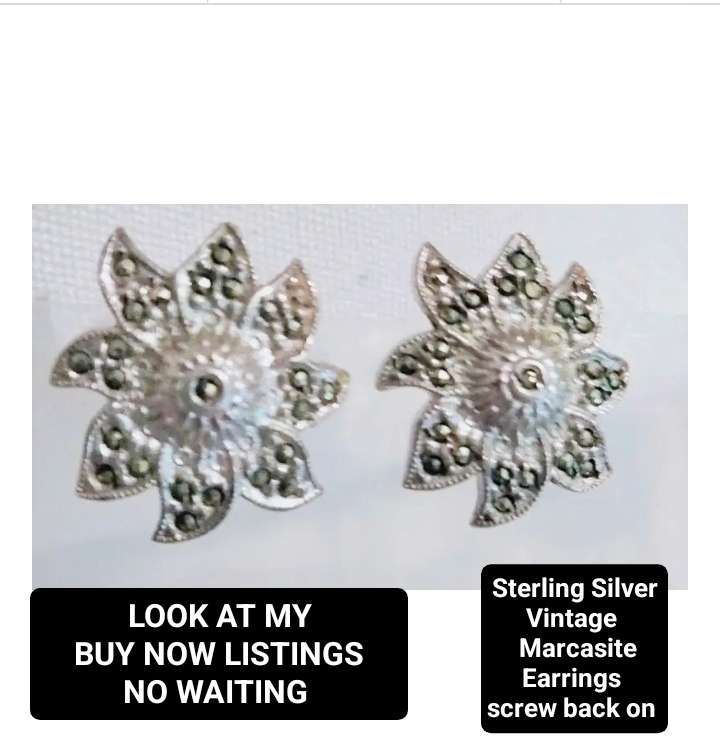 Sterling Silver Vintage Marcasite Earrings screw back on  LOOK at my BUY NOW  LISTINGS NO WATING