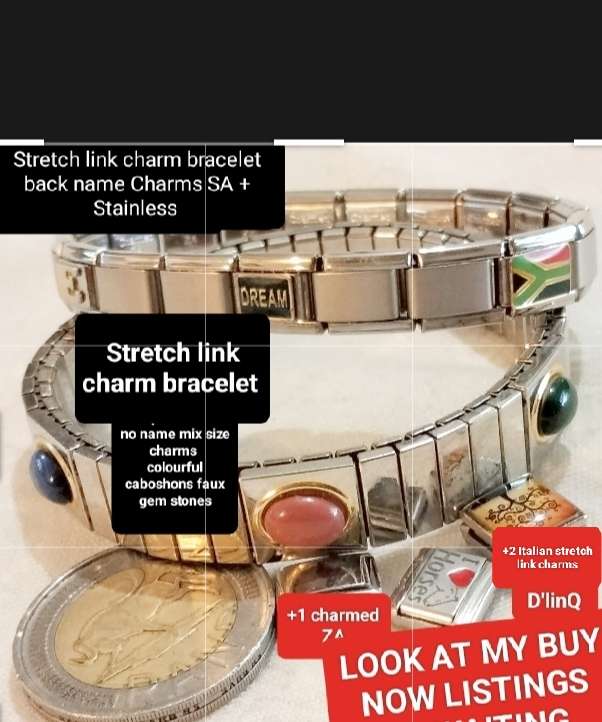 2 Bracelets Stretch Link European Style   1- Charms SA+stainless mix+1 Cabochons faux gems +2D'linQ