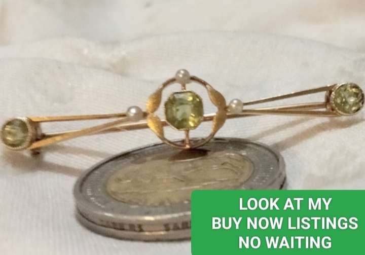 Vintage Citrine glass stones+Faux pearls Brooch Gold tone LOOK At My BUY NOW-NO WAITING