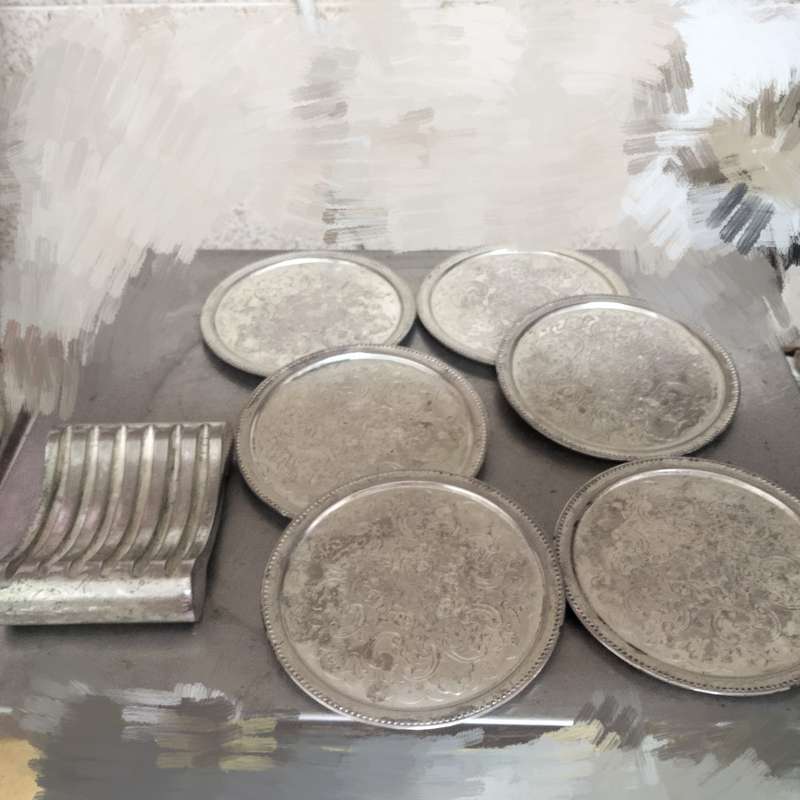 IANTHE silver plated -6 Drip Coasters+Stand-England LOOK at my BUY NOW listings NO WAITING Waiting