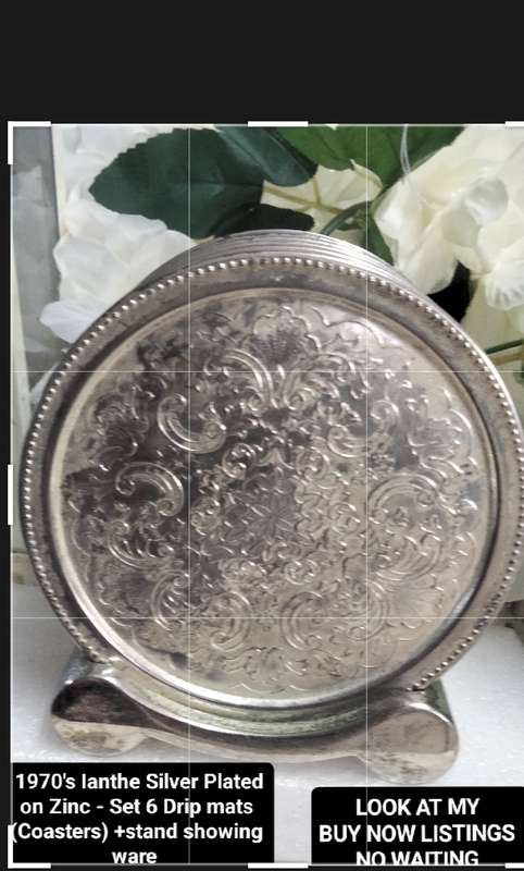 IANTHE silver plated -6 Drip Coasters+Stand-England LOOK at my BUY NOW listings NO WAITING Waiting
