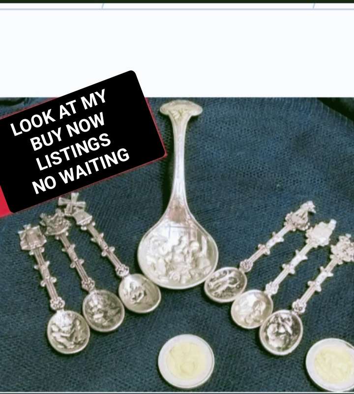 6 Salt Spoons +1 Sugar Spoon Silver Plated Raised embossed DUTCH Publican Scenes