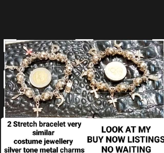 Take 2 bracelet Stretch charms Silver Tone costume jewellery look at my Buy Now listings No Waiting