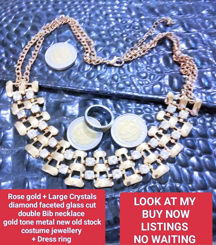 NECKLACE -Bib 2 Strand ROSE GOLD +CRYSTALS faceted diamond cutGOLD Tone METAL+ dress ring