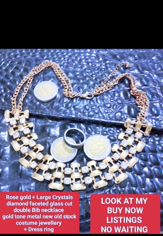 NECKLACE -Bib 2 Strand ROSE GOLD +CRYSTALS faceted diamond cutGOLD Tone METAL+ dress ring