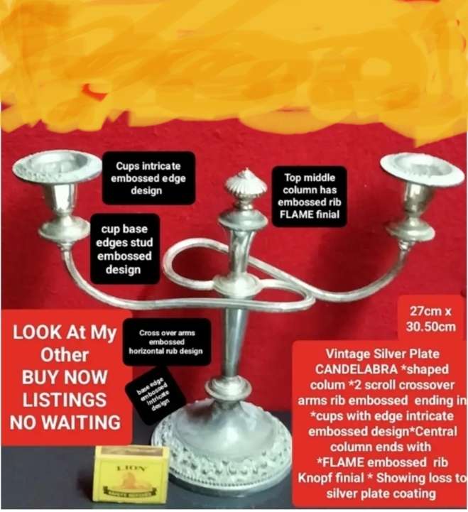 EPNS Candelabra 2cross over ARMS -Middle Flame finial+Embossing Intricate edges top+base rim