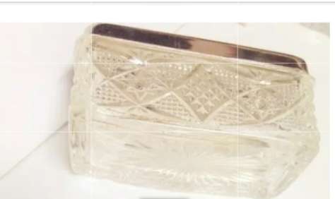 Antique 1900Glass trinket Box English Hobdaisy diamond cut Silver tone metal lid brass chariot scene