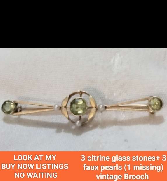 Vintage Citrine glass stones+Faux pearls Brooch Gold tone LOOK At My BUY NOW-NO WAITING