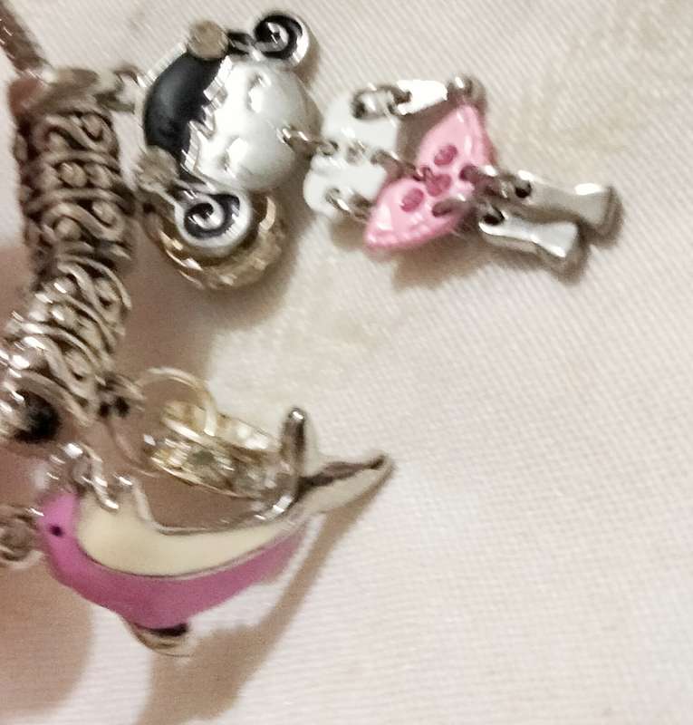 Bracelet 7 Part girl dangle articulated charm enamel pink+black+Crystals+1 fish enameled