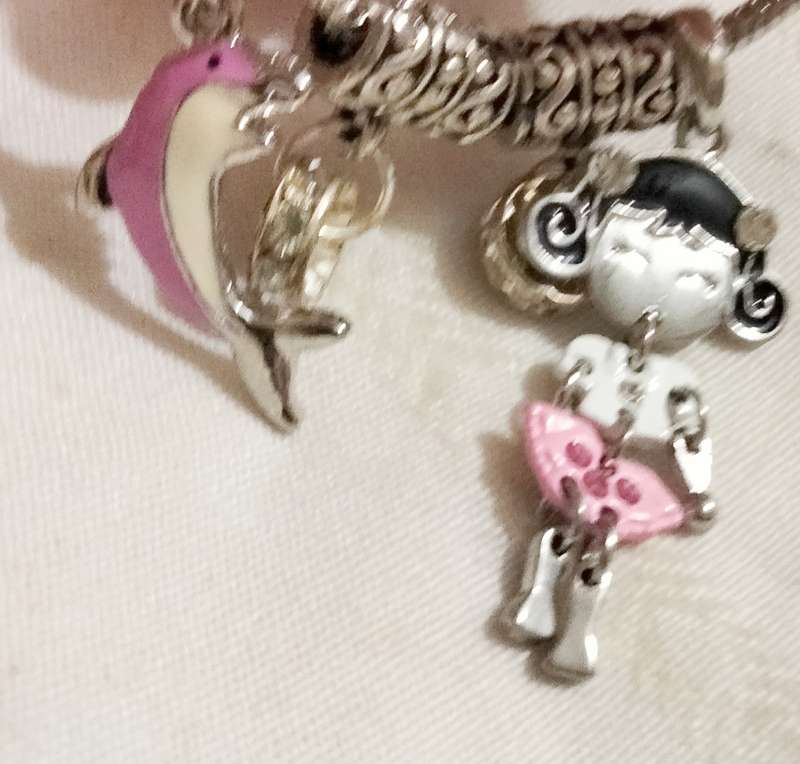 Bracelet 7 Part girl dangle articulated charm enamel pink+black+Crystals+1 fish enameled