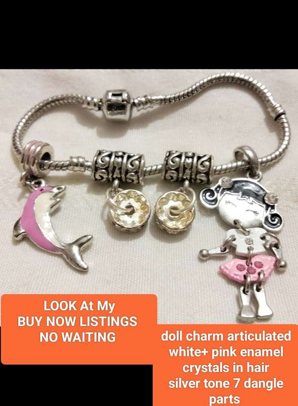 Bracelet 7 Part girl dangle articulated charm enamel pink+black+Crystals+1 fish enameled