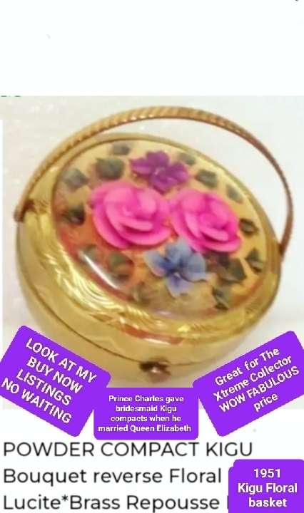 KIGU Basket Bouquet Compact reverse Floral Lucite Brass Repousse Engine turned For Extreme Collector