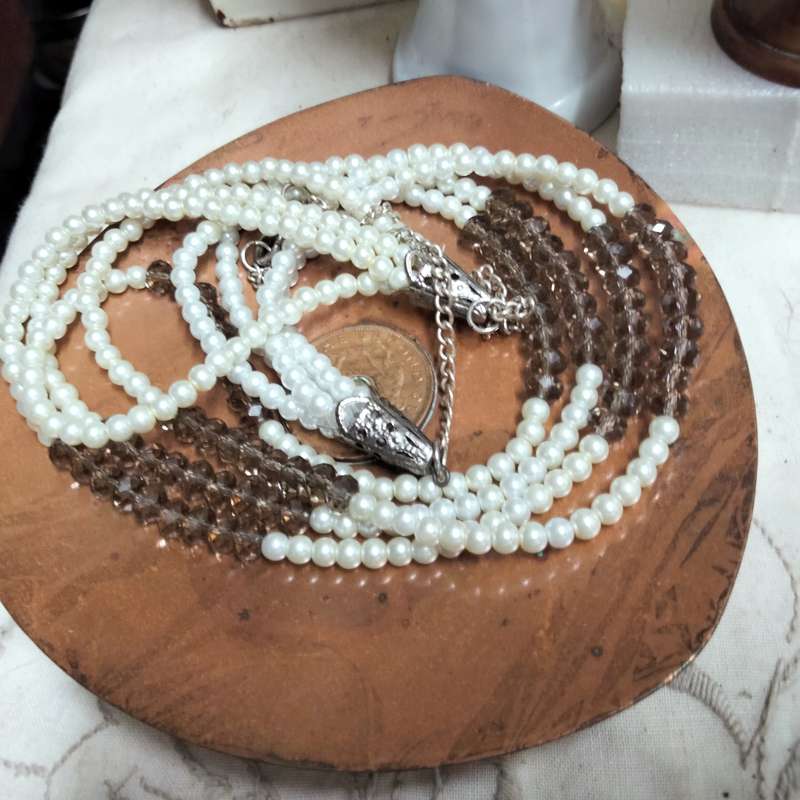 Necklace 4 Strand -Smokey Crystal faceted +Synthetic Pearls LOOK at my BUY NOW LISTINGS NO WAITING