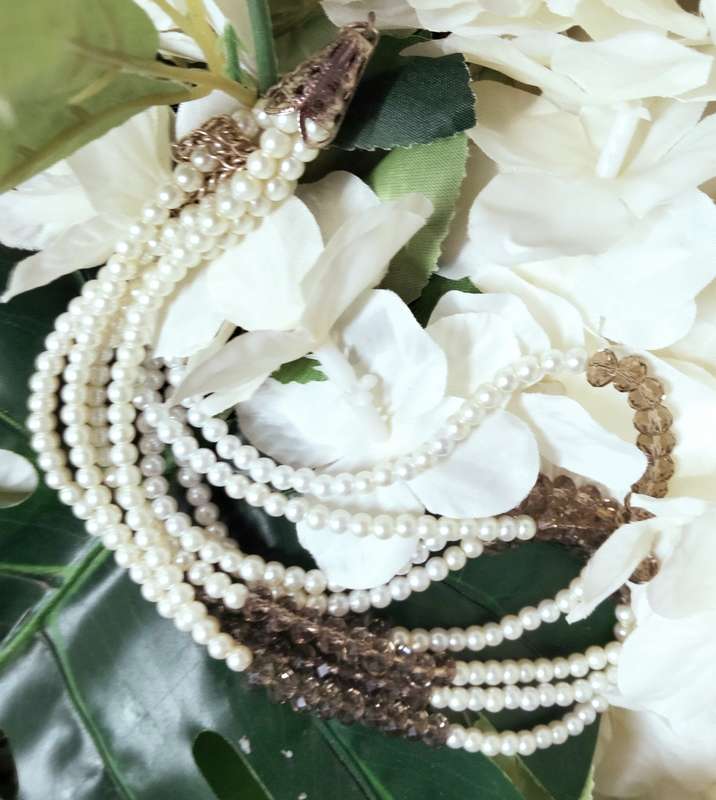 Necklace 4 Strand -Smokey Crystal faceted +Synthetic Pearls LOOK at my BUY NOW LISTINGS NO WAITING