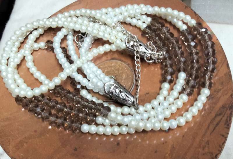 Necklace 4 Strand -Smokey Crystal faceted +Synthetic Pearls LOOK at my BUY NOW LISTINGS NO WAITING