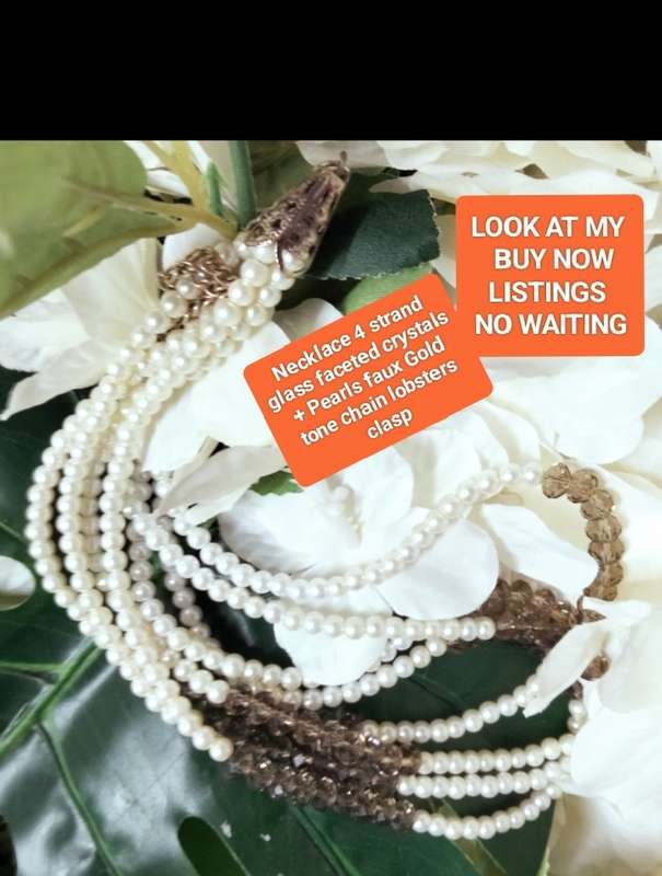 Necklace 4 Strand -Smokey Crystal faceted +Synthetic Pearls LOOK at my BUY NOW LISTINGS NO WAITING