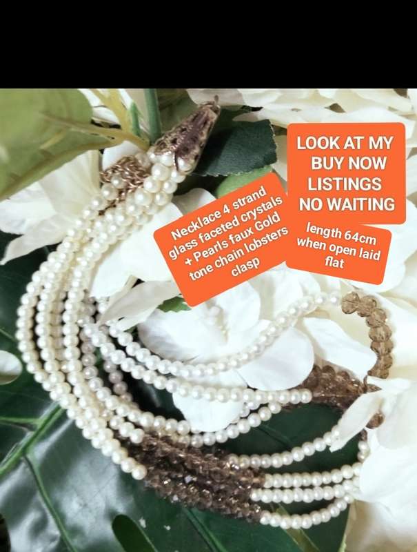 Necklace 4 Strand -Smokey Crystal faceted +Synthetic Pearls LOOK at my BUY NOW LISTINGS NO WAITING