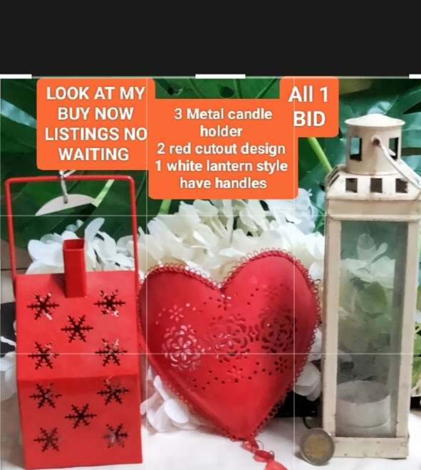 3 Candles Holders +2 red  cutout metal design  LOOK At My BUY NOW LISTINGS NO WAITING
