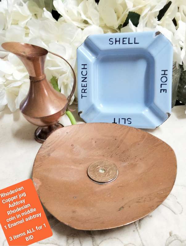 3- 2 Ashtrays Metal Enamel + Copper Rhodesia coin+1 Small jug LOOK At My BUY NOW LISTINGS NO WAITING